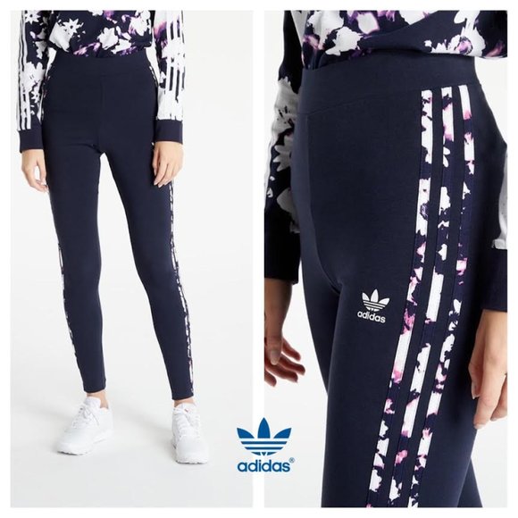 NWT ADIDAS ORIGINALS Women XS Floral 3 Striped Design Jersey Legging Legend Ink - Picture 1 of 10